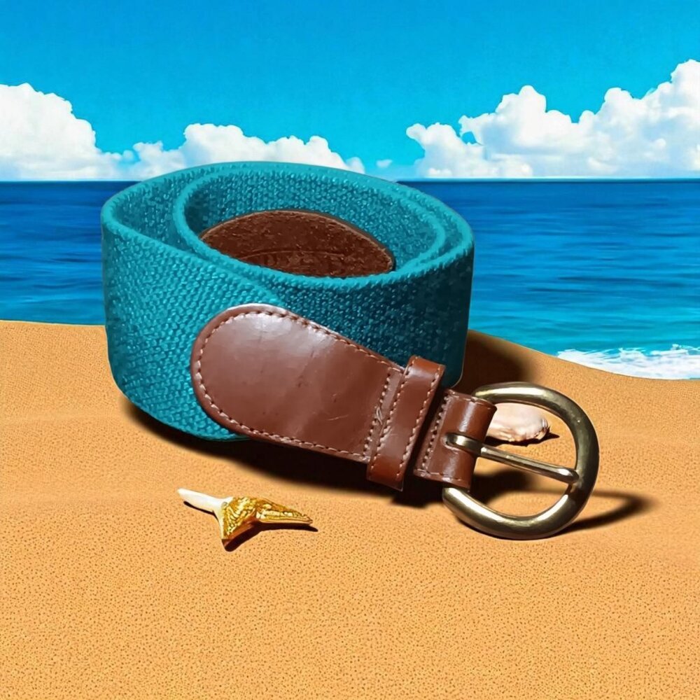 Lands' End Ocean Blue Stretch Adjustable Belt with Leather Brass Buckle 28